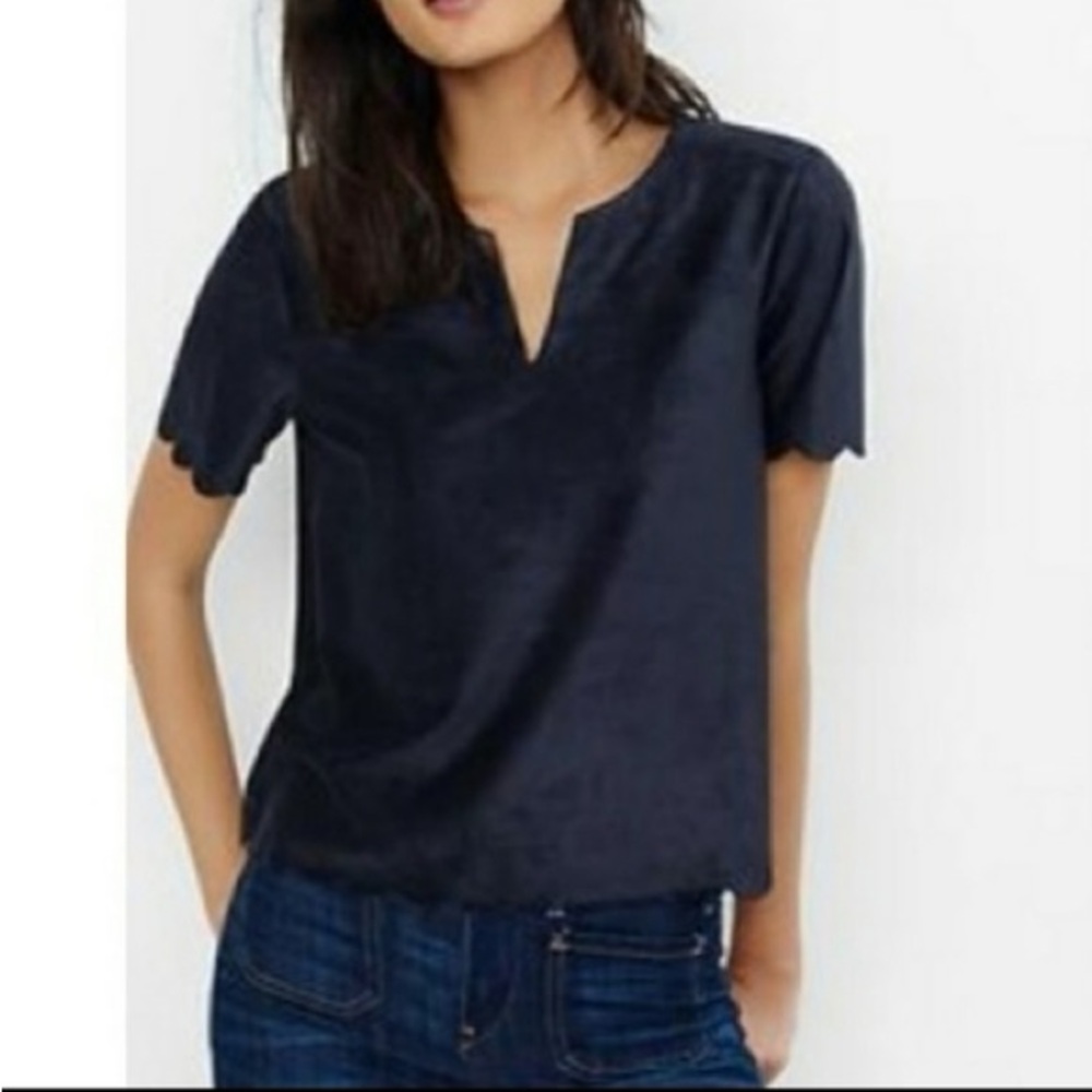 Express Faux Suede Scallop Trim Short Sleeve Top Black